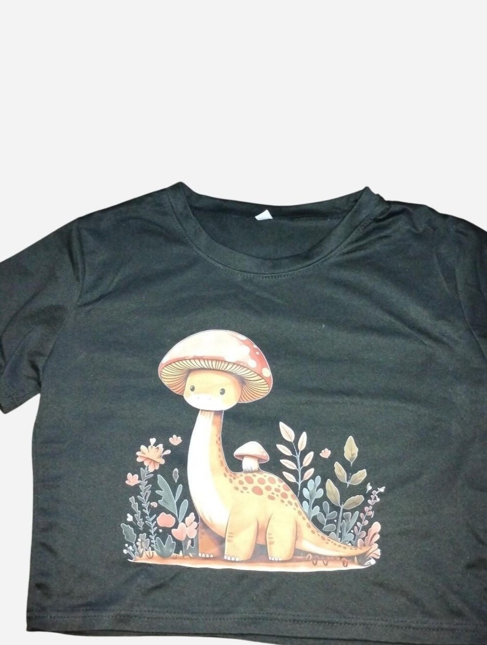 Girls XL Mushroom Dinosaur Graphic Crop T-Shirt Black